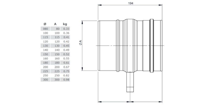 Voorbeeld: Schoorsteensectie 200 mm met condensafvoer voor horizontale inbouw - enkelwandig - Tecnovis TEC-EW-Silver