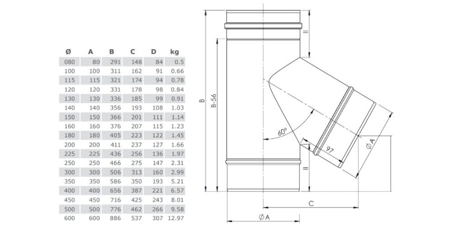 Voorbeeld: T-stuk 60° met condensaansluiting - enkelwandig - Tecnovis TEC-EW-Classic