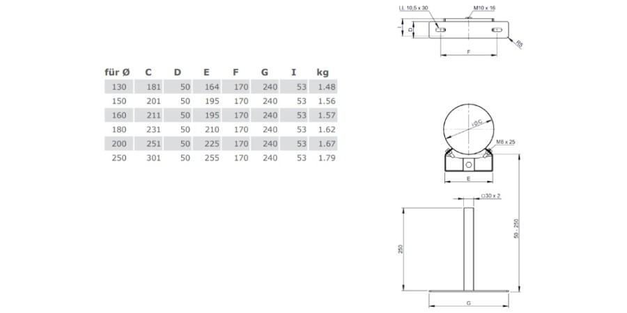 Voorbeeld: Muurbeugel 50 - 250 mm - dubbelwandig - Tecnovis TEC-DW-Standard