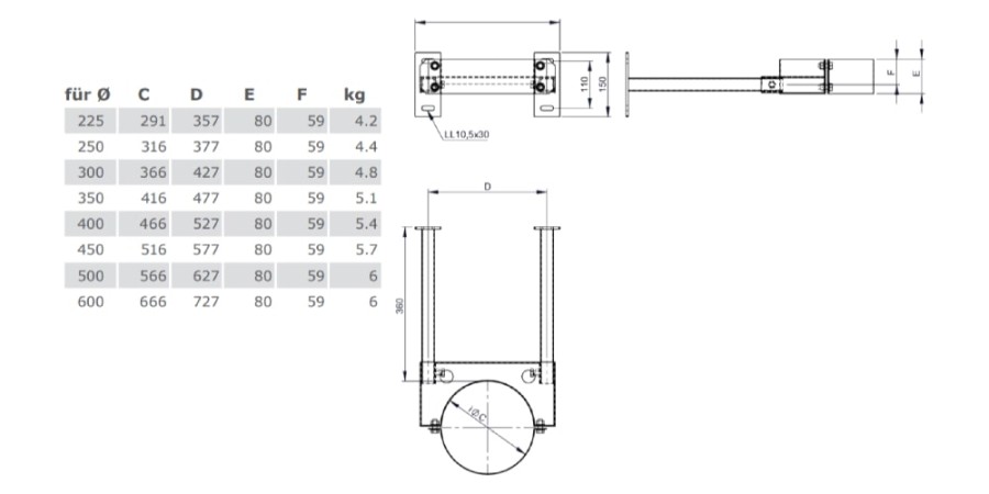 Voorbeeld: Muurbeugel 50-360 mm voor Tecnovis TEC-DW-Classic en TEC-DW-Silver