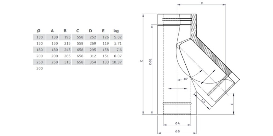 Voorbeeld: T-stuk 45° met condens aansluiting - dubbelwandig - Tecnovis TEC-DW-Design