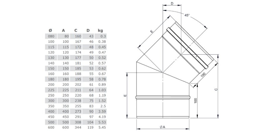 Voorbeeld: Bocht 45° - enkelwandig - Tecnovis TEC-EW-Classic