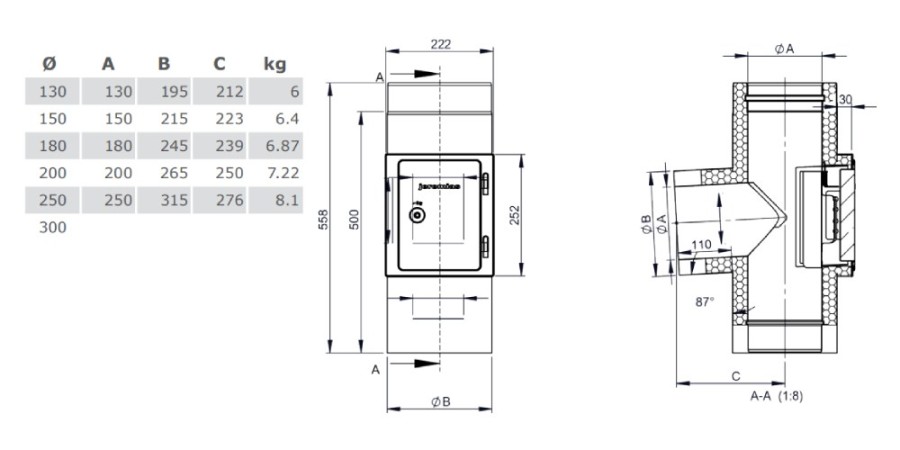 Voorbeeld: T-stuk 87° incl. reinigingselement op dezelfde hoogte- dubbelwandig - Tecnovis TEC-DW-Design