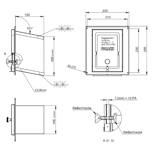 Voorbeeld: Trekregelaar RVS 210x140 mm met schuifmof 150 mm voor reinigingselement - Tecnovis TEC-EW-Classic