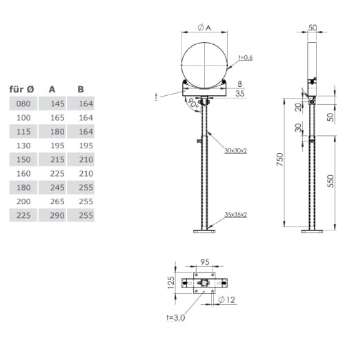 Voorbeeld: Ondersteuning met scharnier 800 - 1200 mm voor Tecnovis TEC-DW-Classic en TEC-DW-Silver