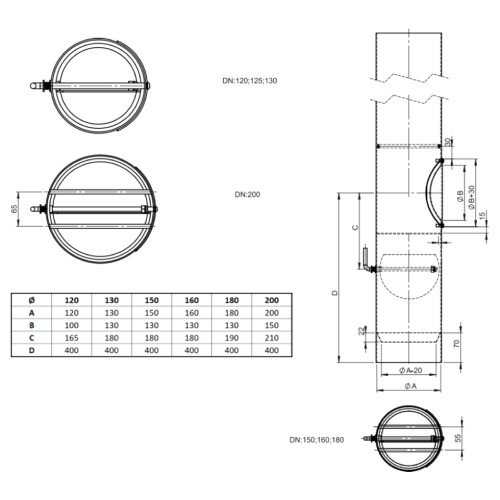 Voorbeeld: Kachelpijp - Lengte element 1000 mm met trekklep, condenskraag en deur zwart - Tecnovis Tec-Stahl