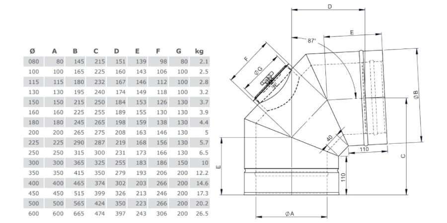 Voorbeeld: Bocht reiniging 87° incl. deksel, voor olie & gas - dubbelwandig - Tecnovis TEC-DW-Classic