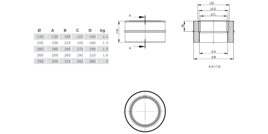 Voorbeeld: Overgang TEC-EW-Classic / TEC-DW-Design met geïntegreerde muurdoorvoer voor TEC-Stahl, recht -dubbelwandig- Tecnovis TEC-DW-Design