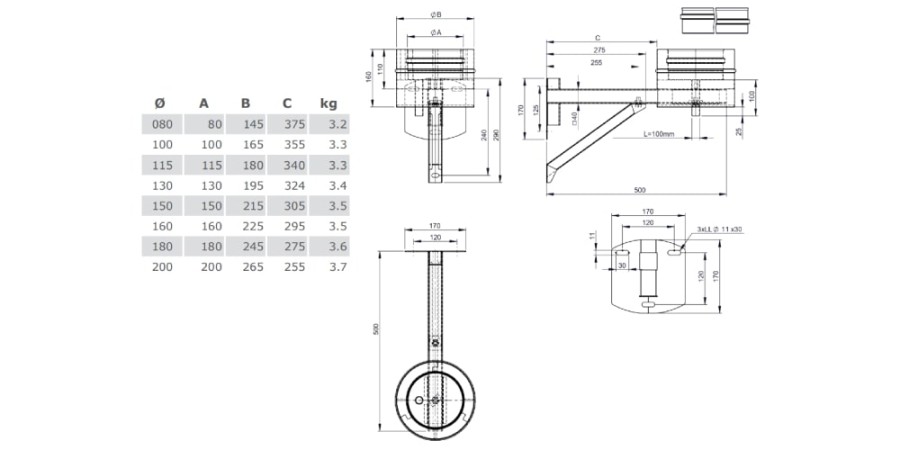 Voorbeeld: Basis steun met condensaat afvoer onder incl. beugel- instelbaar tot een muurafstand van 200 mm - dubbelwandig - Tecnovis TEC-DW-Classic