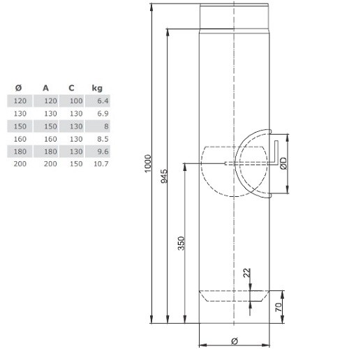 Voorbeeld: Kachelpijp - Lengte element 1000 mm met trekklep, condensaatring, deur en luchttoevoer (met zuigtrek) - zwart - Tecnovis Tec-Stahl