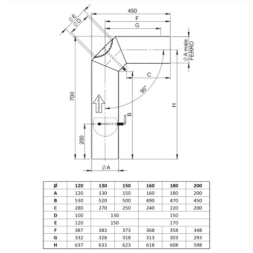 Voorbeeld: Kachelpijp - Gebogen buis (zijlengte 450/700 mm) deur en regelklep grijs - Tecnovis Tec-Stahl