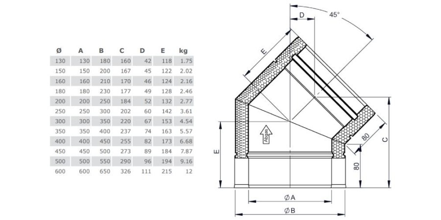 Voorbeeld: Bocht 45° vast - dubbelwandig - Tecnovis TEC-DW-Standard